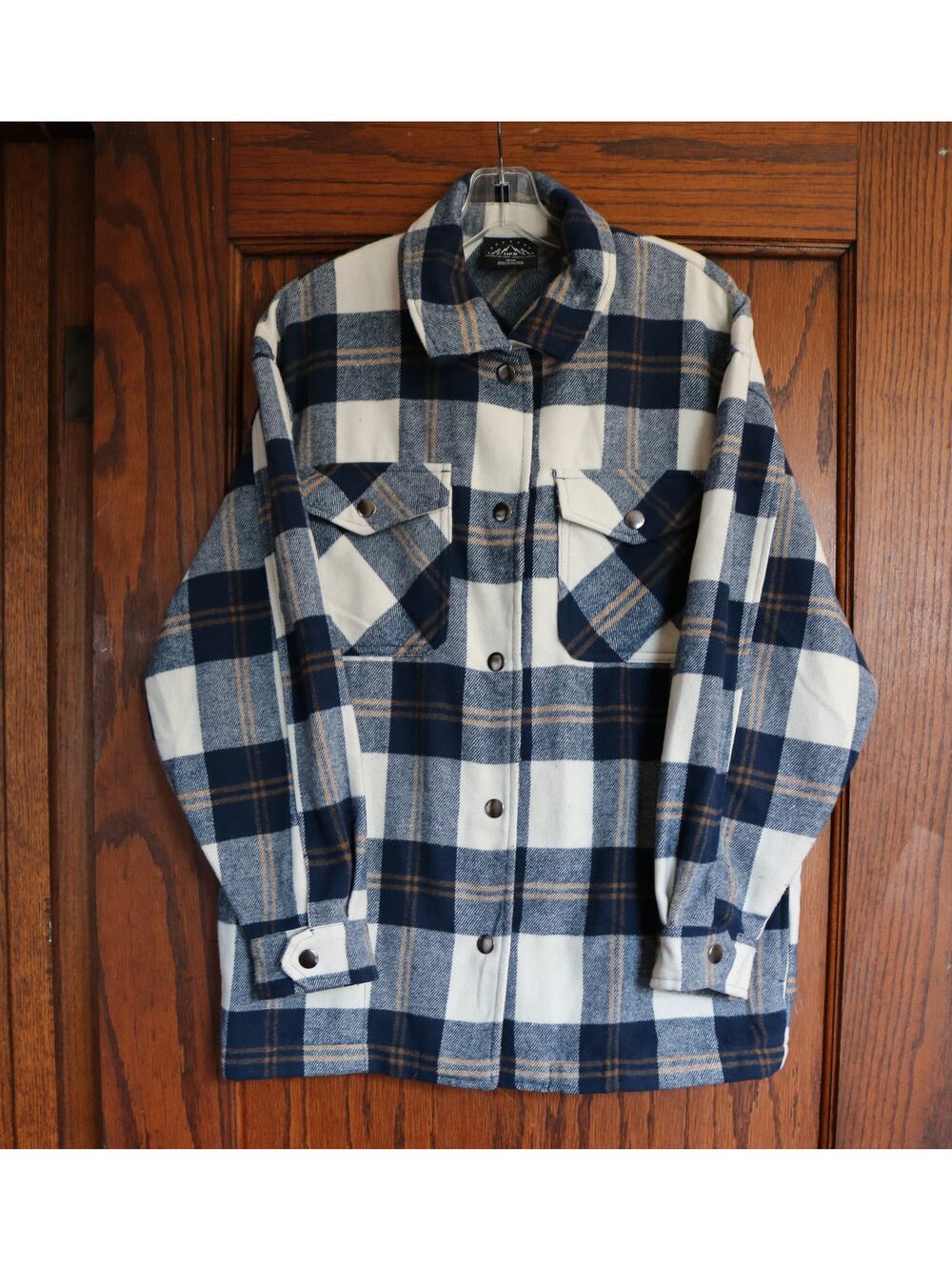 HFX Flannel Shirt Womens Medium Blue Brown White Plaid Flap Pockets Snap Buttons